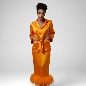 Orange Satin Two-Piece Set with Feather Hem
